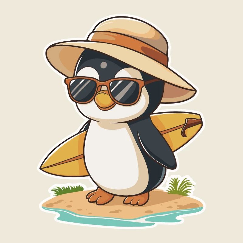 Sonniger Pinguin Surfer am Strand