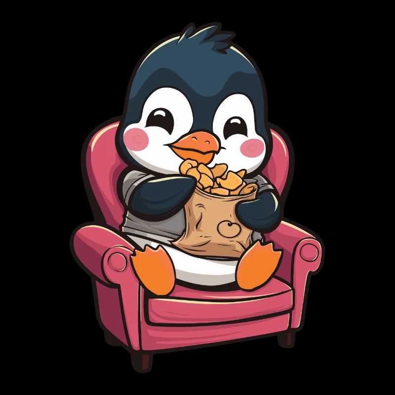 Süßer Pinguin mit Snacks auf Sessel