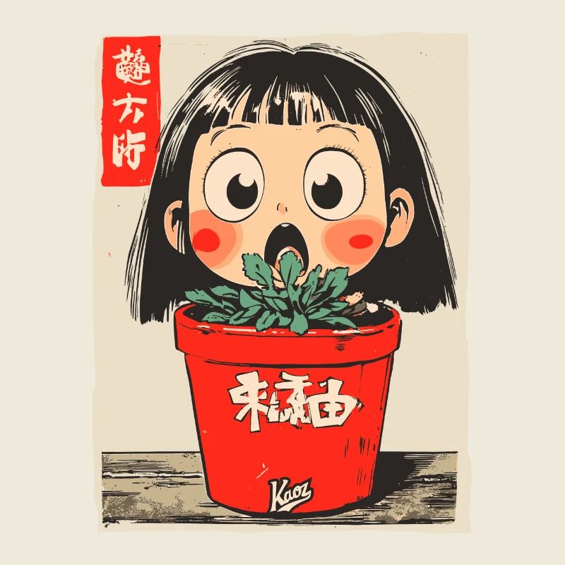 Cartoon Mädchen hinter einem Blumentopf