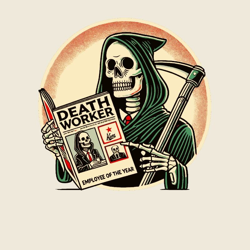 Grim Reaper lit le magazine Death Worker