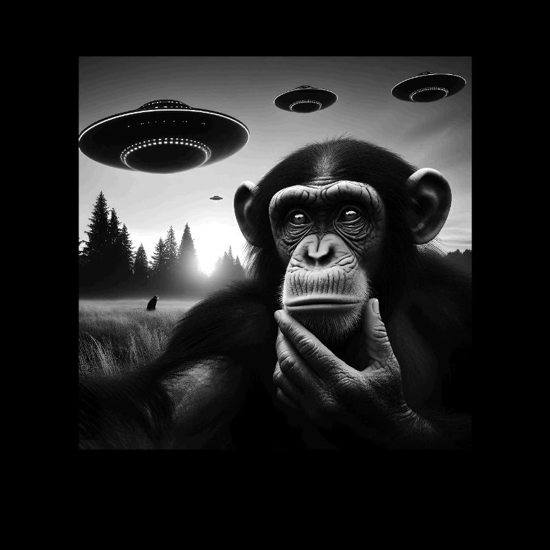 Chimp Monkey Ape Funny Selfie with UFOs Weird Alie