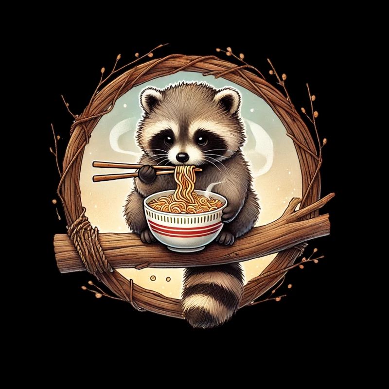 raton laveur mignon mangeant des nouilles ramen art