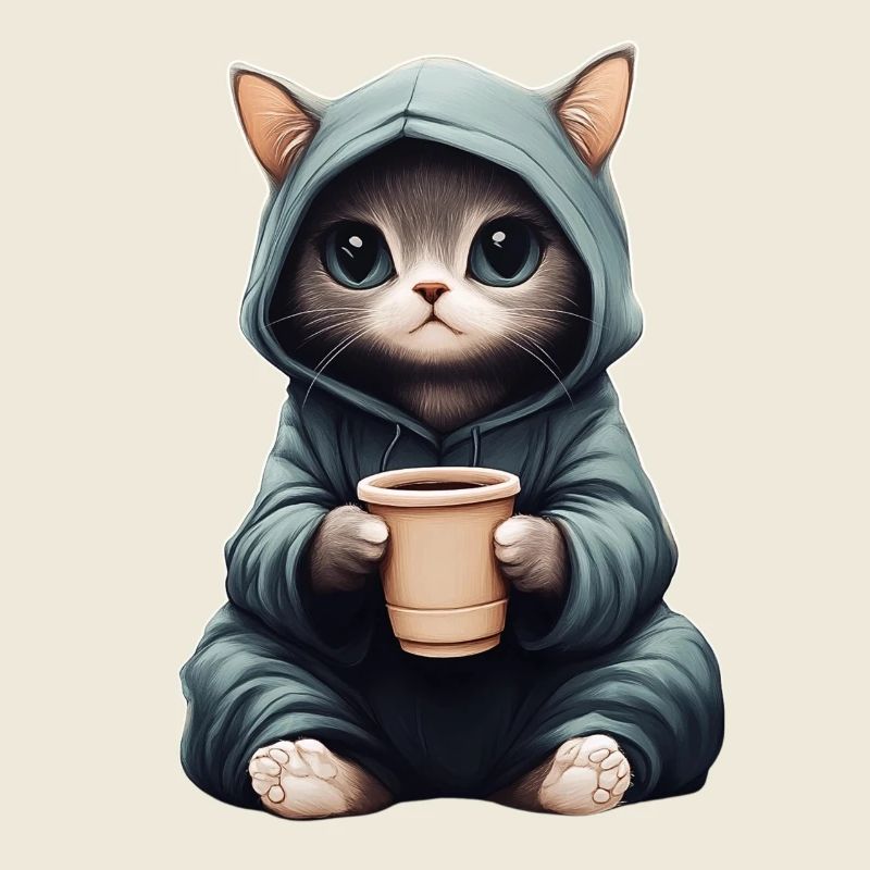 Mignon : Chat dans un sweat à capuche avec du café