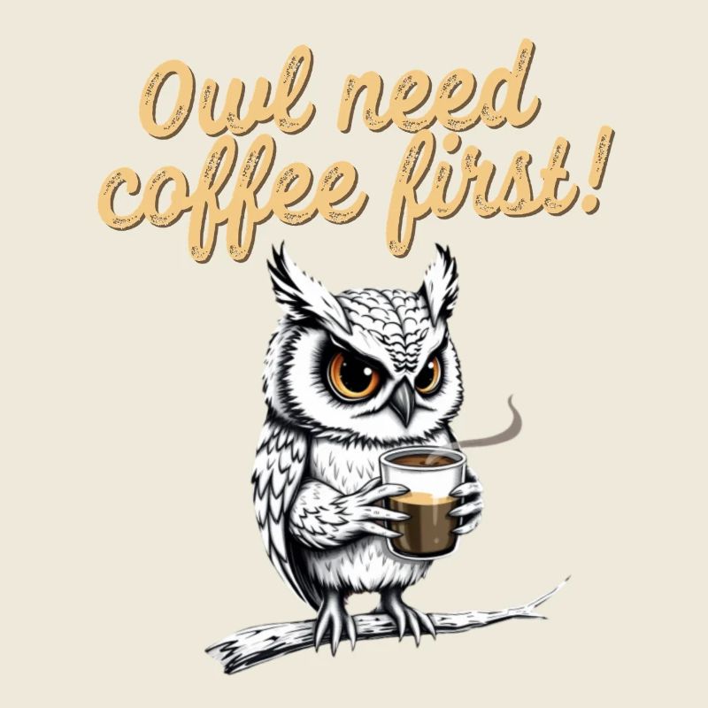 Funny Owl Drinks Coffee Saying Caffeine First