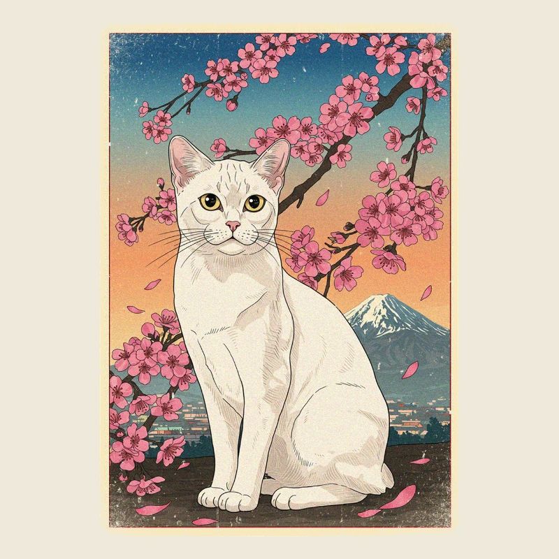 Weiße Katze Berg Fuji Kirschblüte