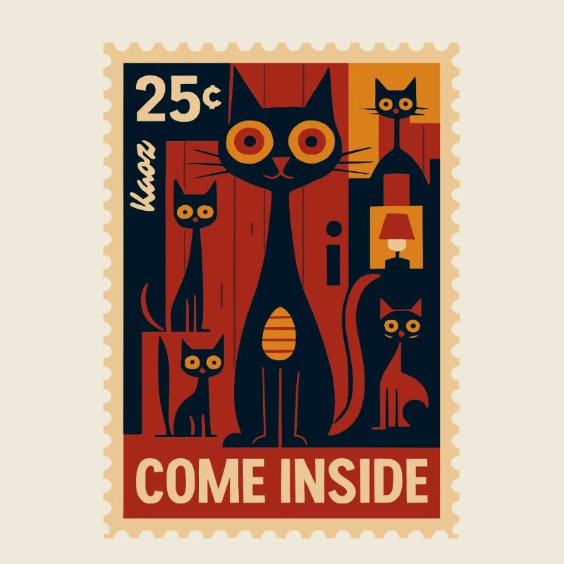 Postage stamp with cats in deco art style