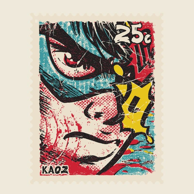 Comic hero as a retro stamp