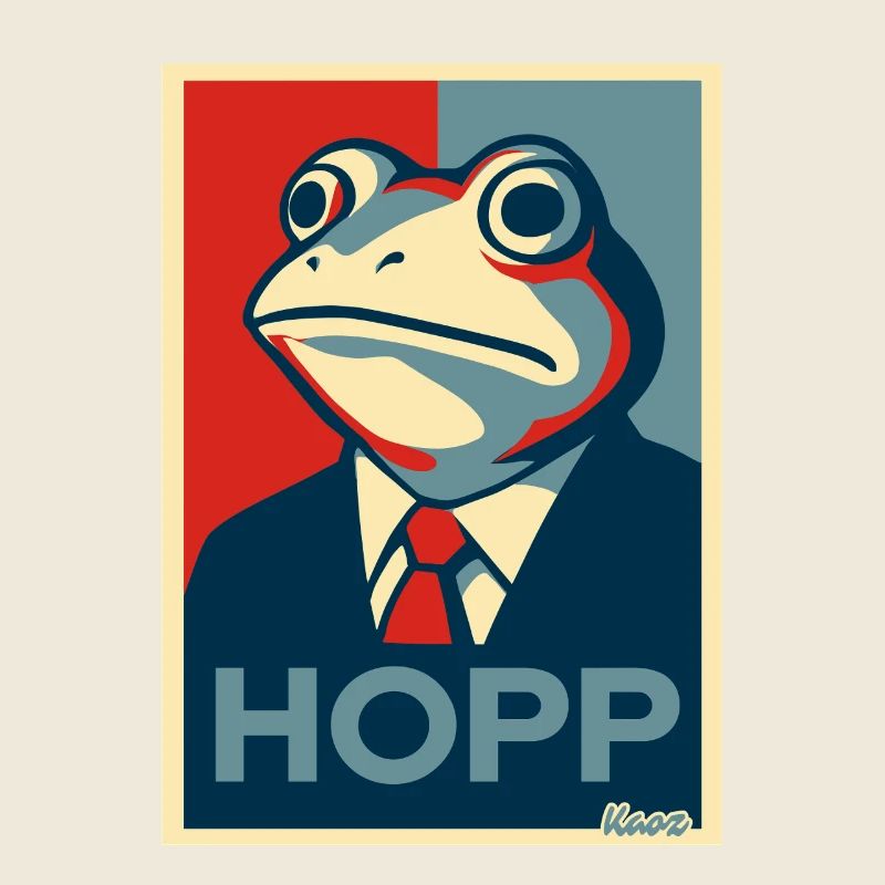 Frog in a suit with saying Hopp parody
