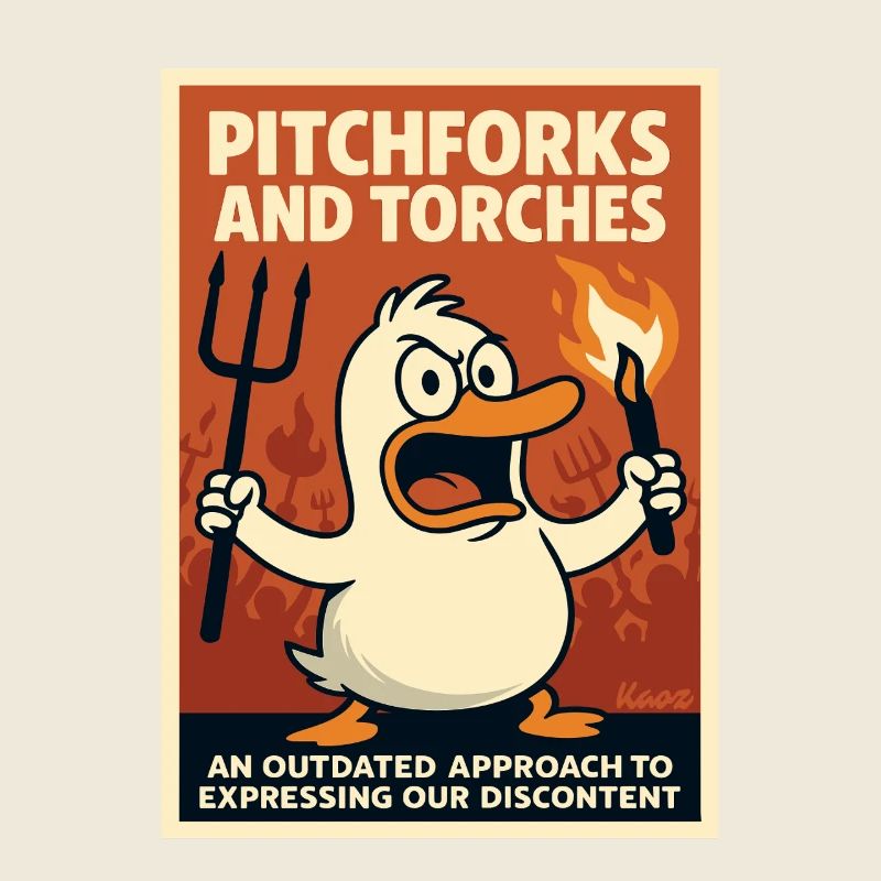 Angry duck with torch and pitchfork