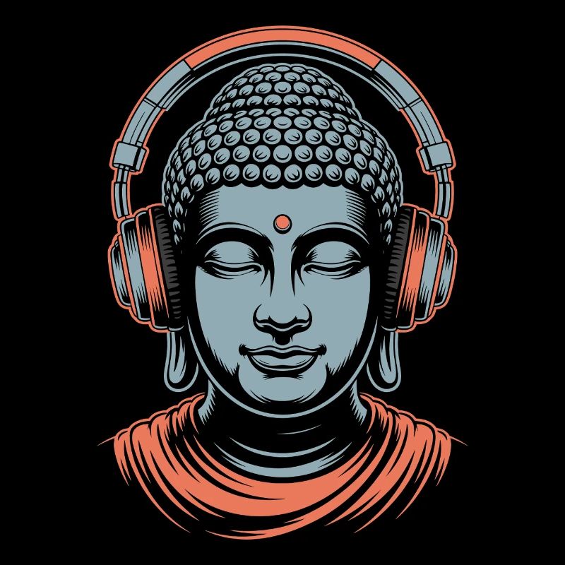 Buddha mit Kopfhörern Achtsamkeit Musik Boho Zen