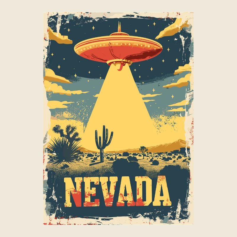 UFO Over Nevada Desert Landscape Retro Art