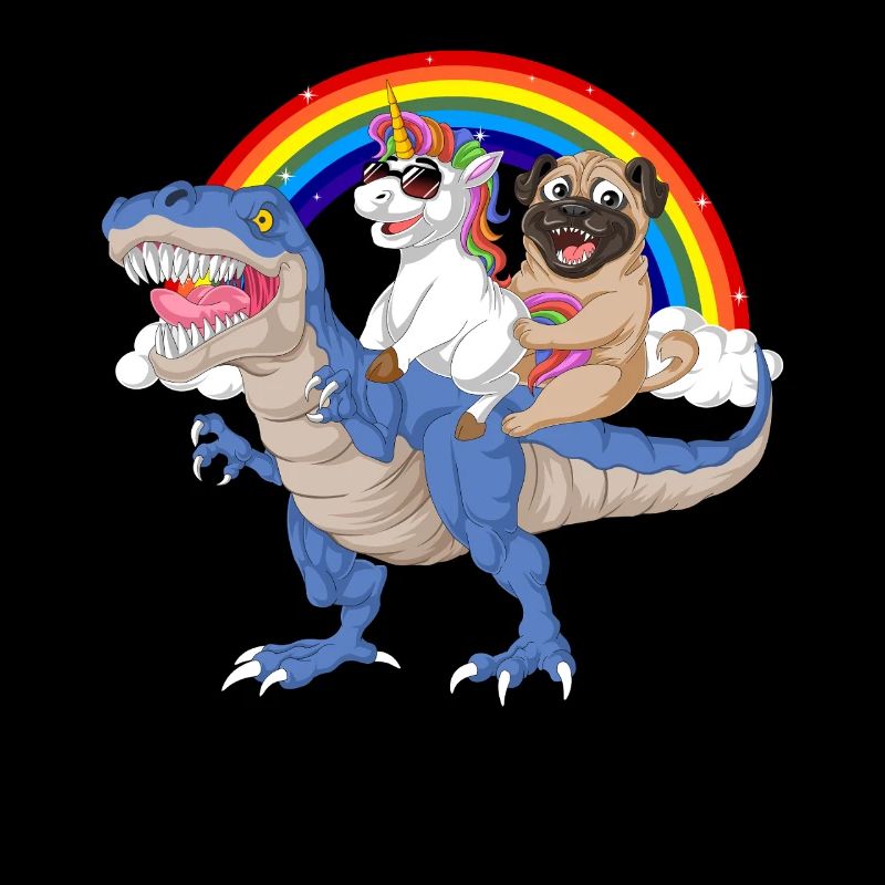 Regenbogen-Dinosaurier mit Einhorn und Mopsfahrt