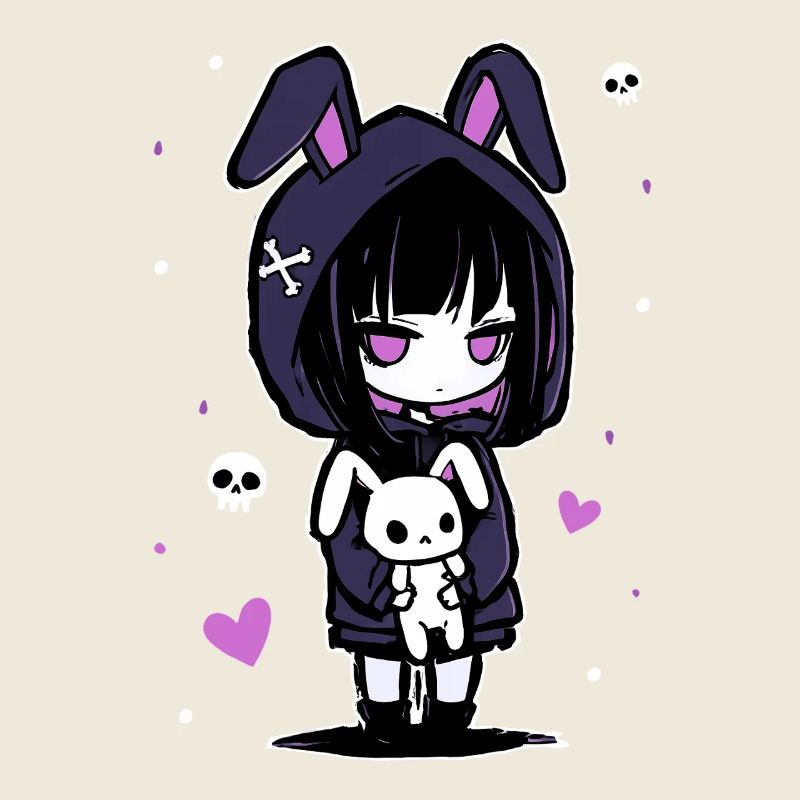 Fille d'anime gothique avec un sweat à capuche en forme de lapin et un crâne