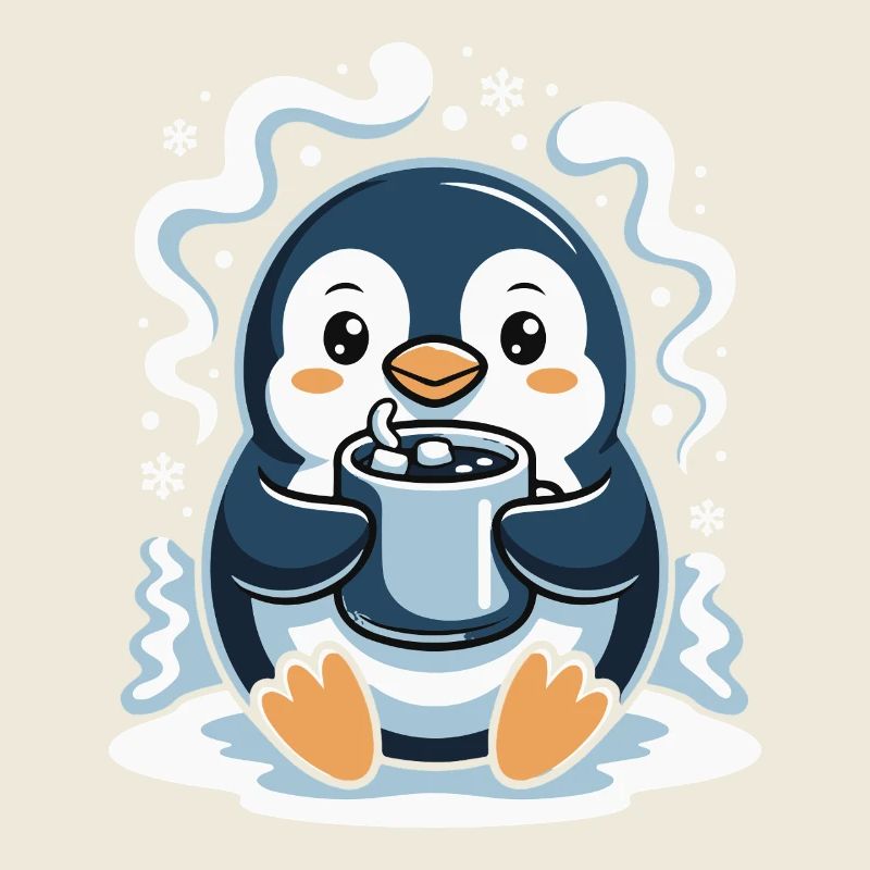 Cuddly penguin with hot cocoa