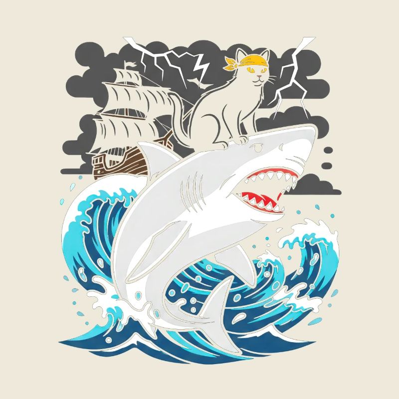 Pirate cat against storm shark