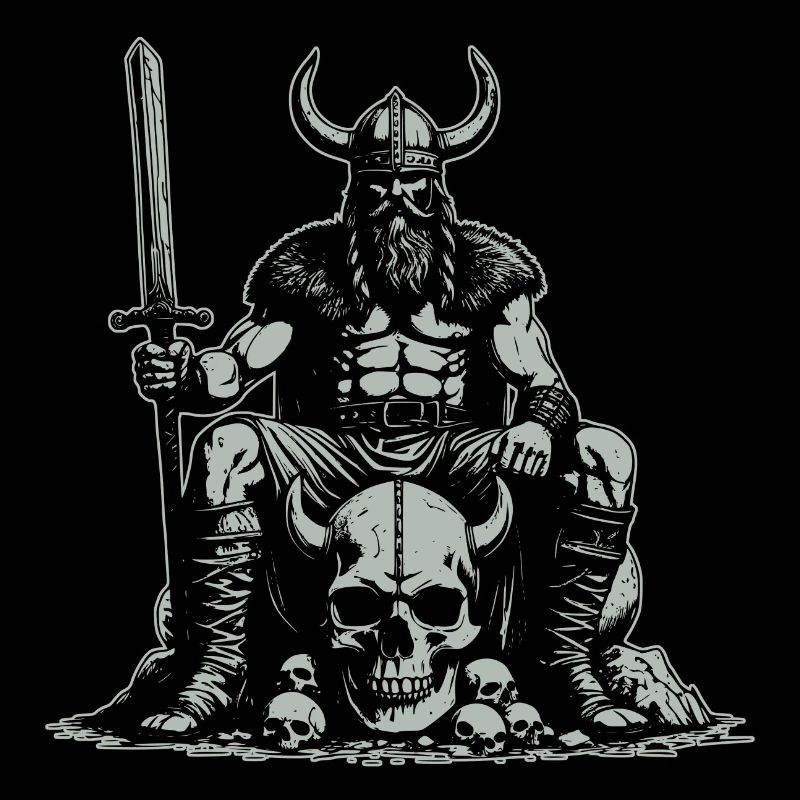 Viking with sword and raven on skull