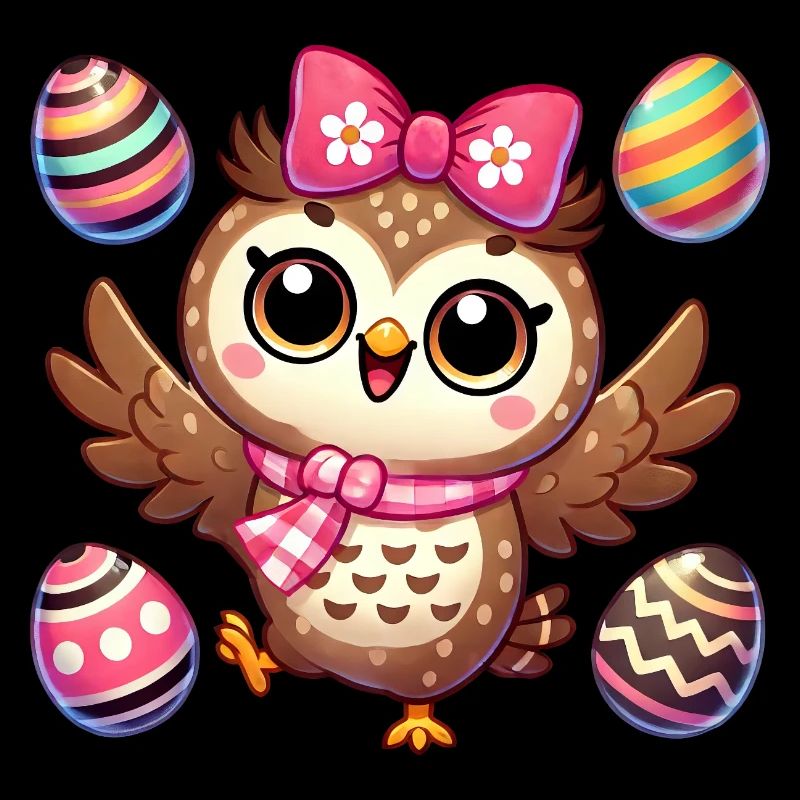 Owl juggles Easter eggs colorful fun
