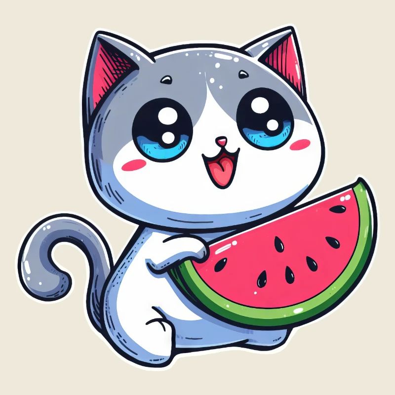 Cute cat eats watermelon