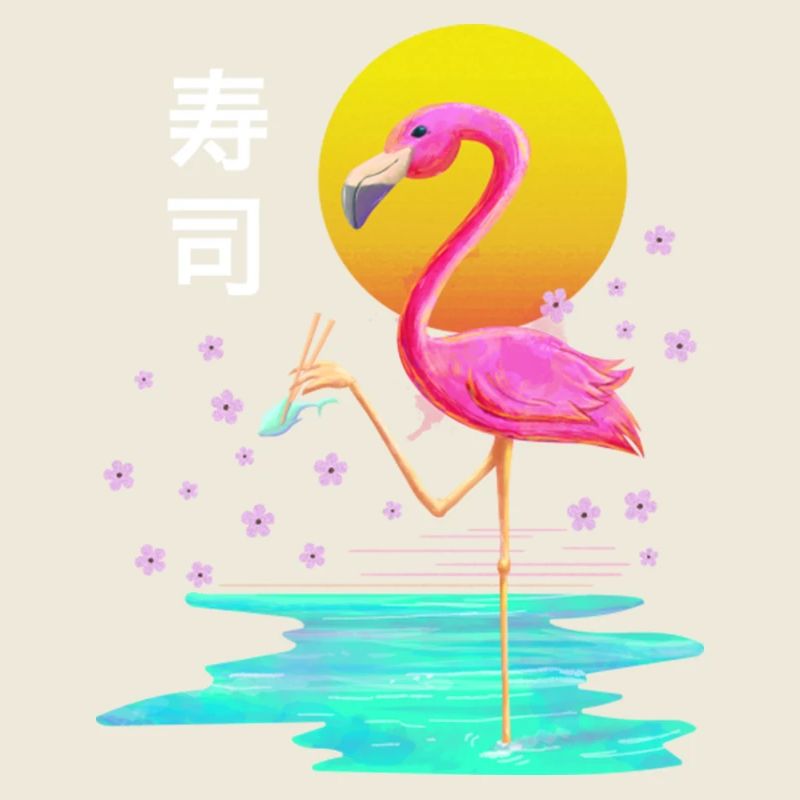 Flamant rose mangeant des sushis Vaporwave esthétique japonais
