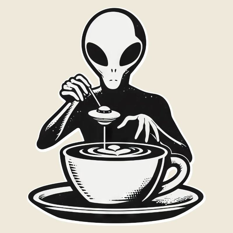 Alien Barista Silhouette mit UFO-Kaffee