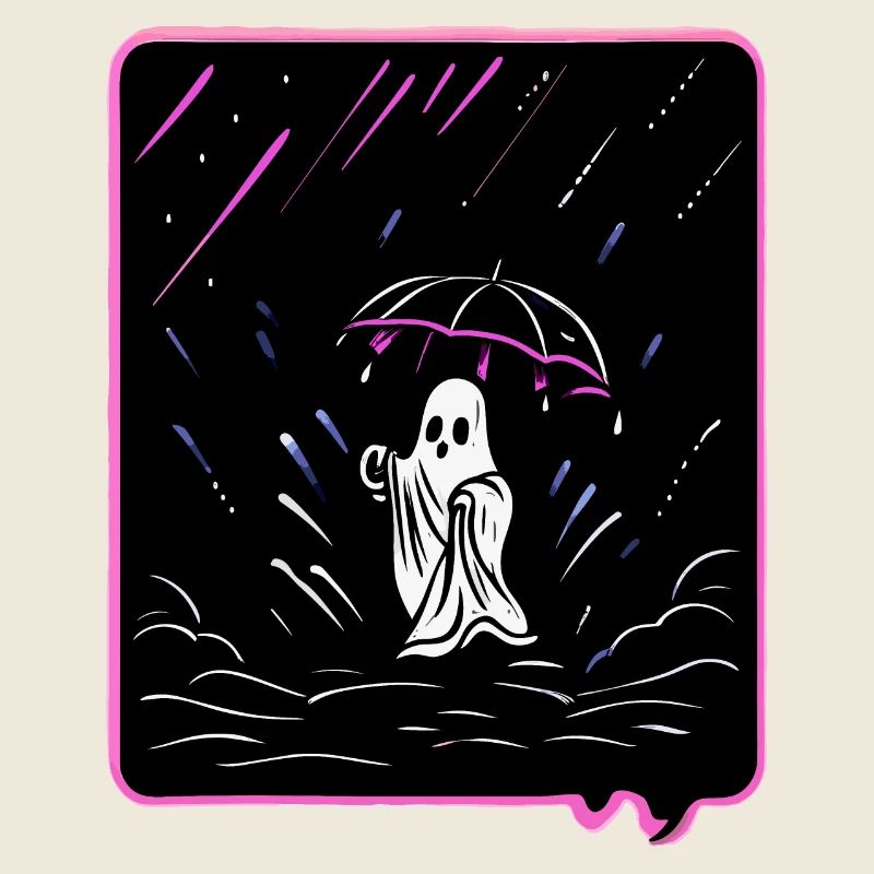 Fantôme mignon avec parapluie dans le style de dessin animé de la pluie