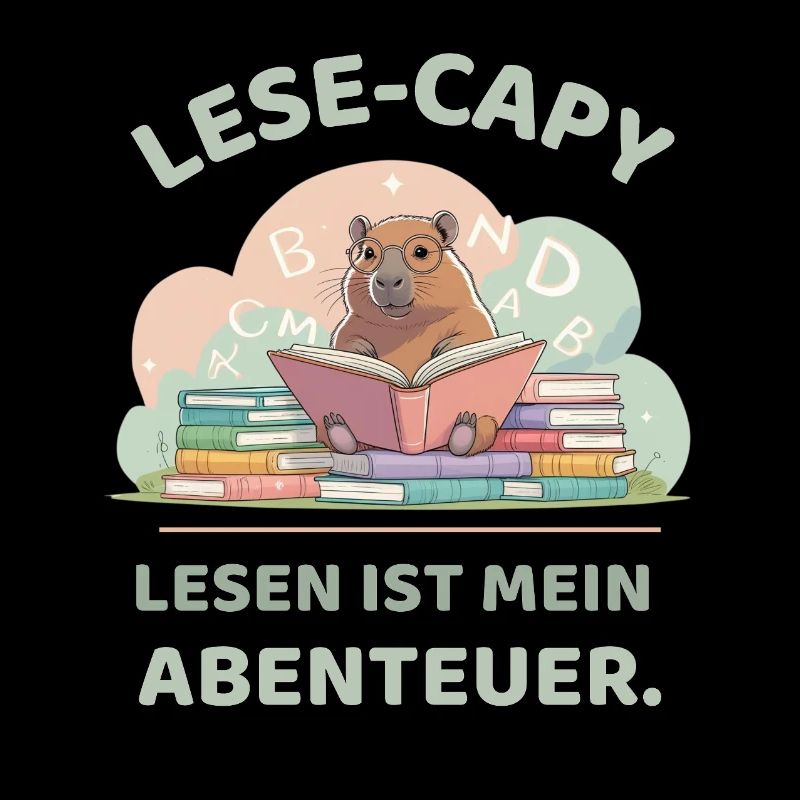 Capybara reading between stacks of books