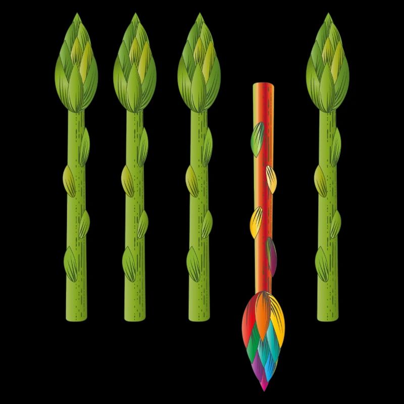 Vier grüne Spargel und ein bunter Spargel