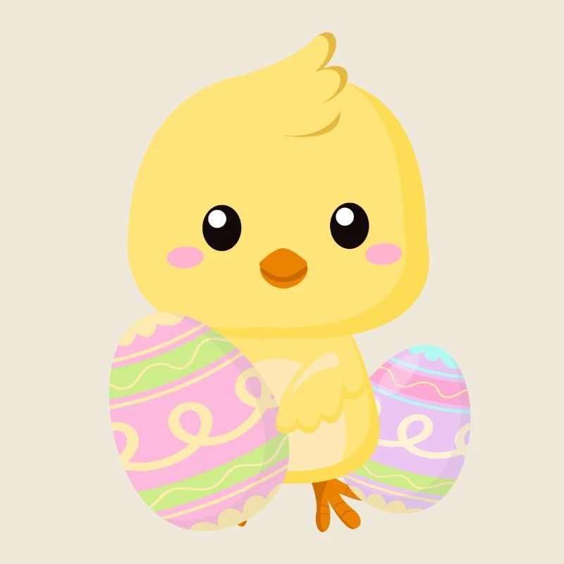 Cute little Easter chick with Easter eggs