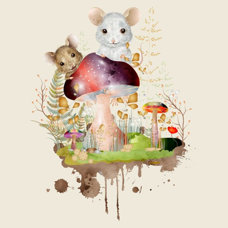 Two cute mice playing with colorful mushrooms