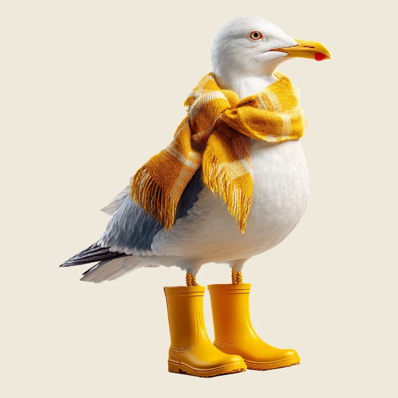 Küstenmöwe mit Regen-Accessoires