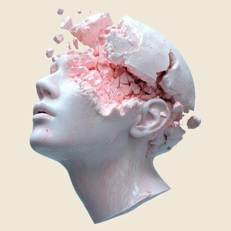 Decaying head, inner thoughts as debris