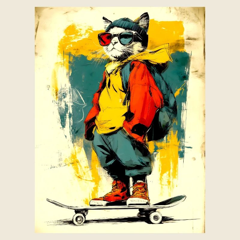Chat cool sur le skateboard - moderne, élégant