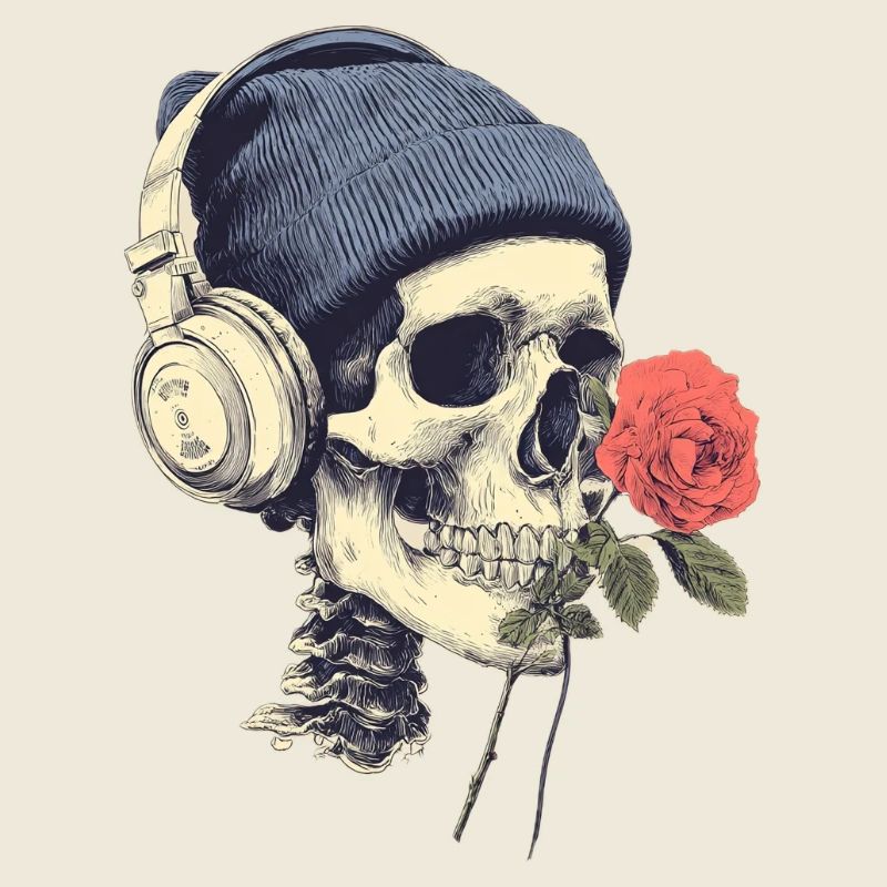 Crâne avec casque et rose