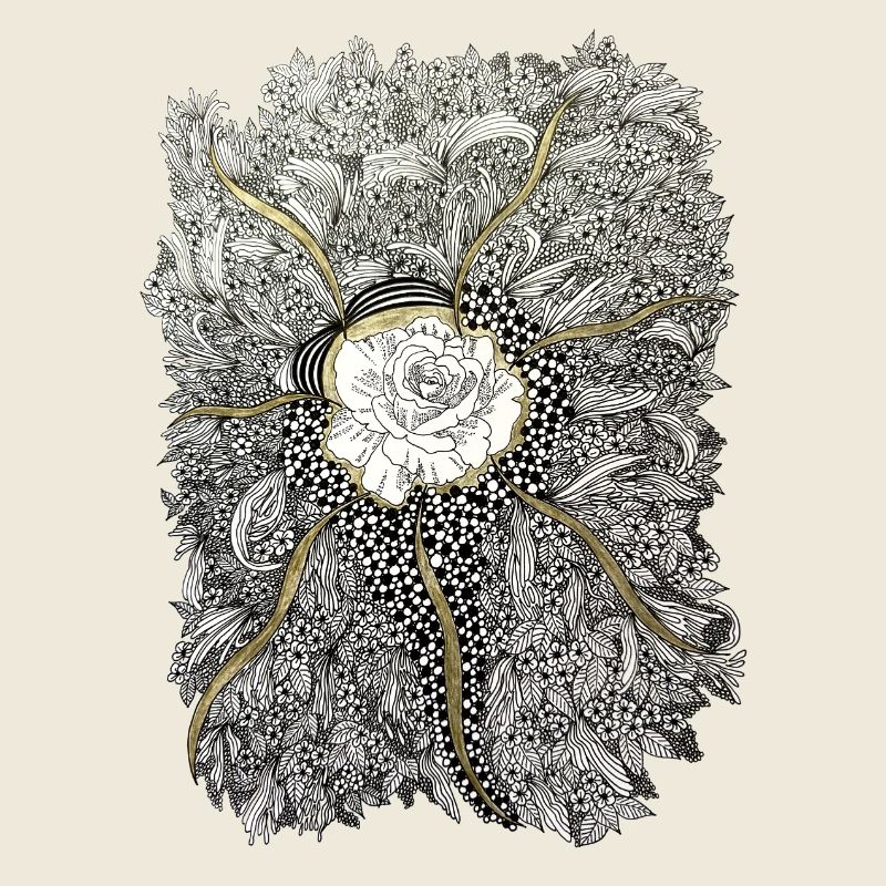 Mandala de fleurs dorées avec accent de rose