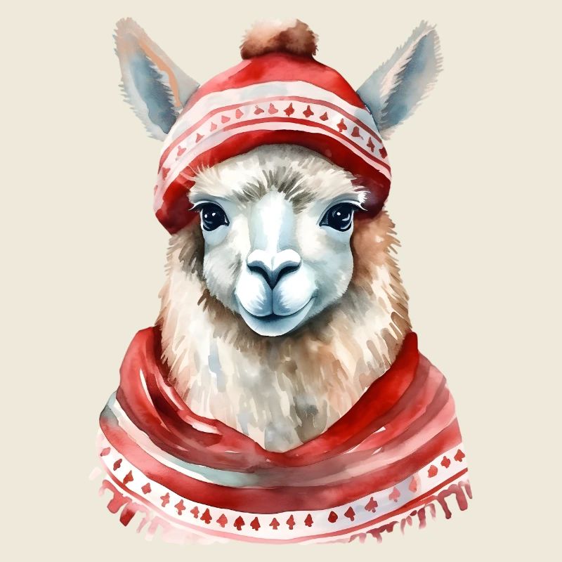 Lama avec chapeau d’hiver rouge et écharpe
