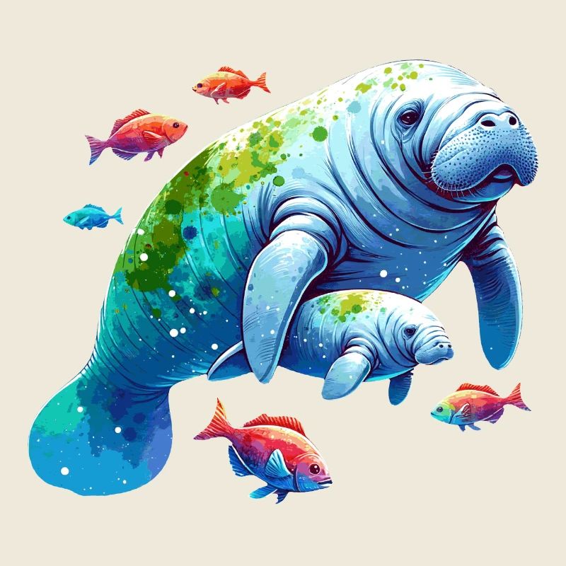 Manatee with calf and small colorful fish
