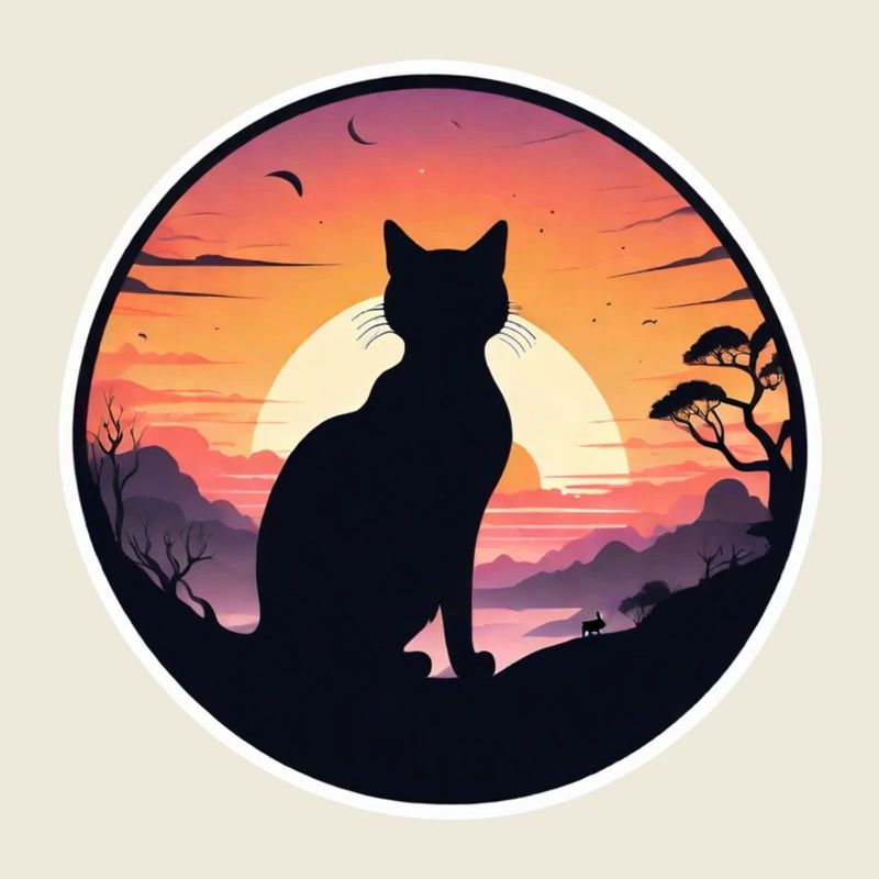chat, paysage et coucher de soleil