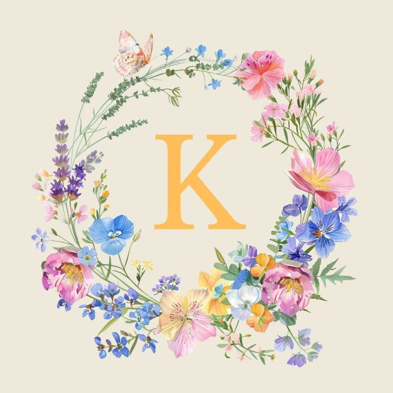 K Monogram Floral, Couronne de fleurs, personnalisable