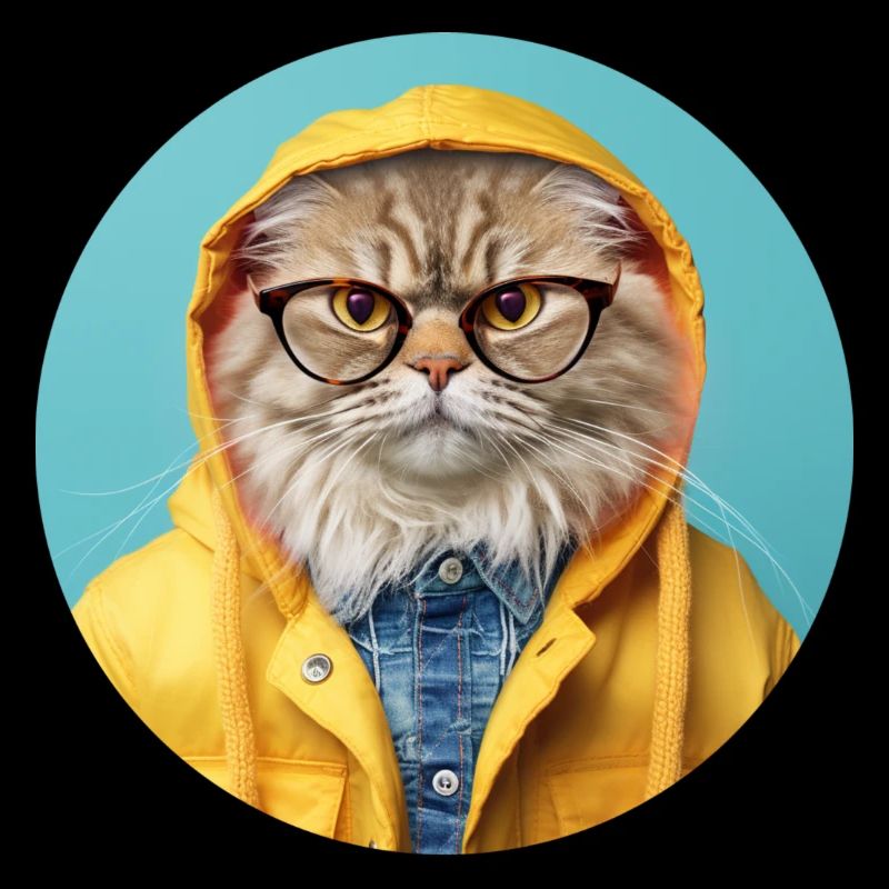 Strenge Katze mit Brille in Regenjacke