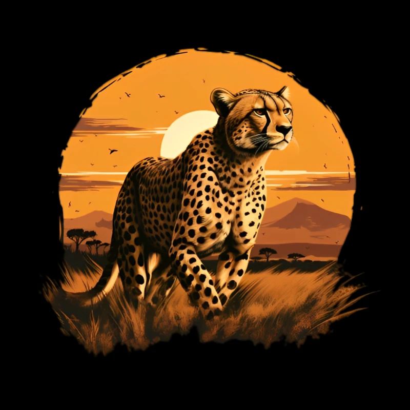 Guépard courant au coucher du soleil