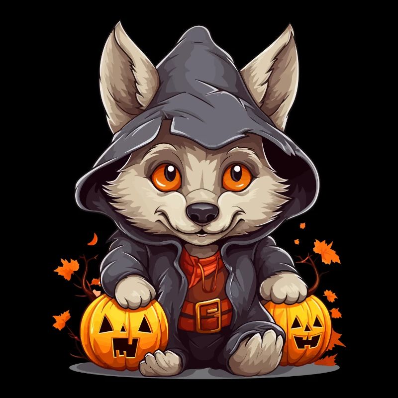 Cute Little Halloween Wolf with Pumpkin Lanterns