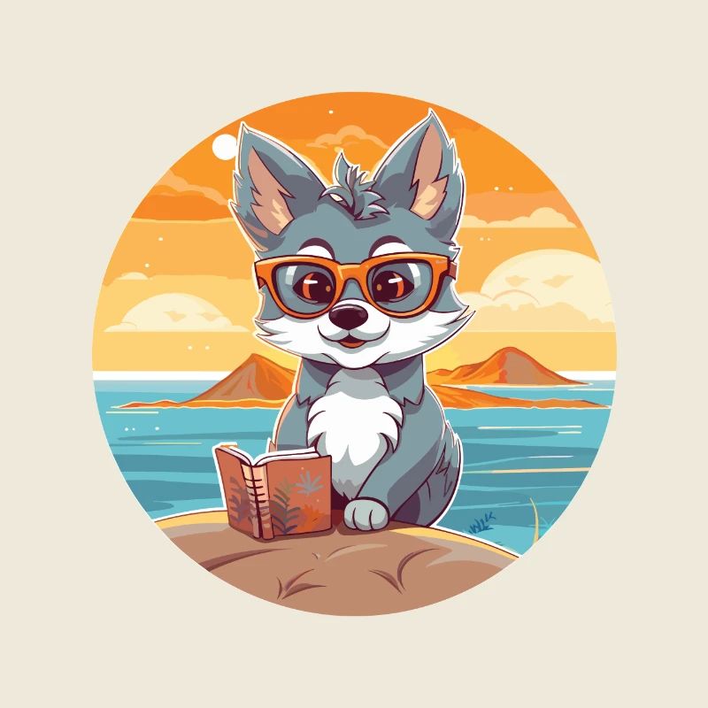 Wolf Niedlich Lustige Karikatur Kawaii Buch Strand