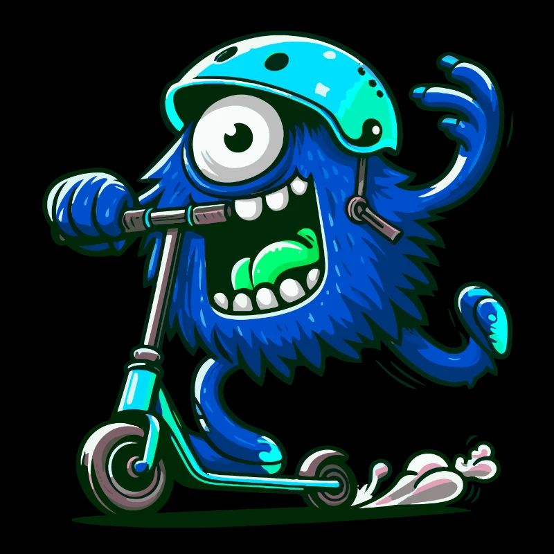 Monstre bleu drôle mignon sur escooter