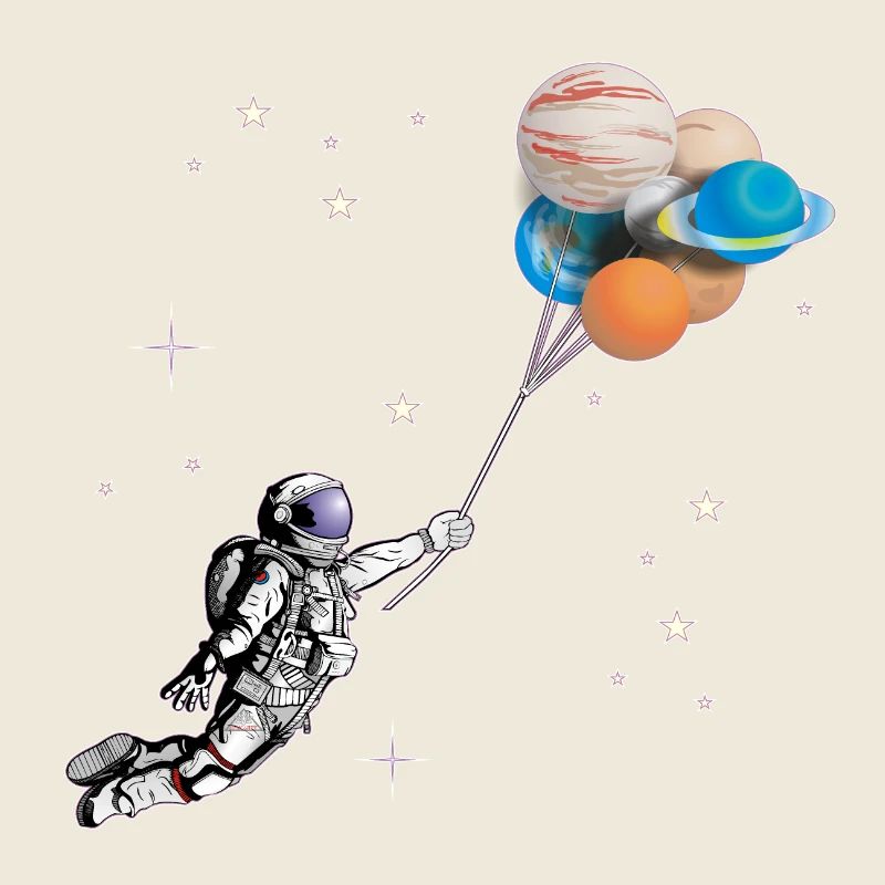 Astronaute avec des ballons en forme de planètes