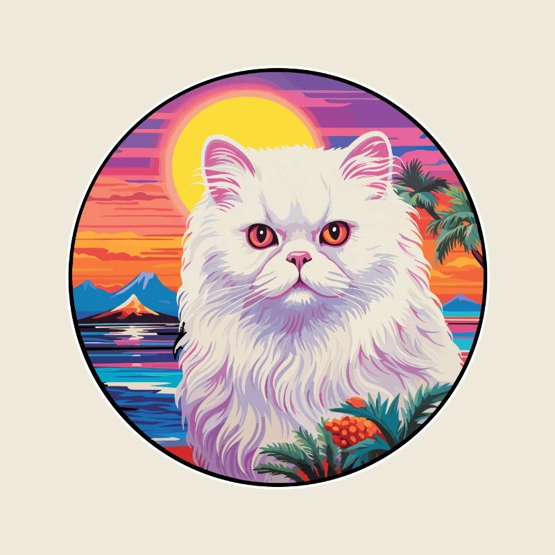 Chat persan à poil long blanc, aquarelle, dessin animé, animal de compagnie