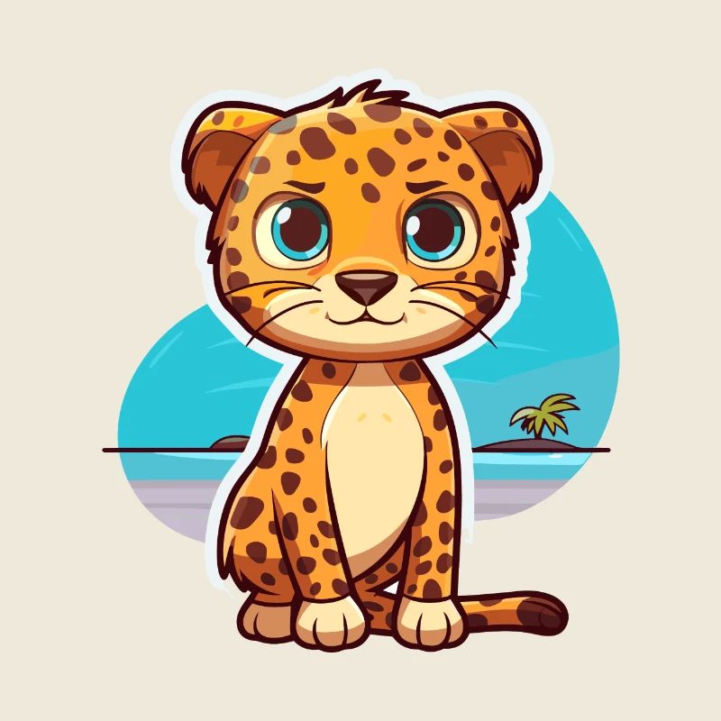 Leopard Funny Cartoon Kawaii Beach Illustration