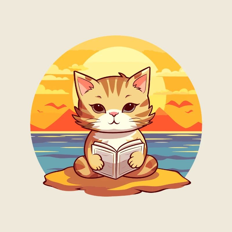 Chat Mignon Drôle Dessin Animé Kawaii Livre Plage