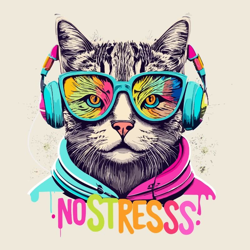 Katze mit Kopfhörer Lustiger Spruch NO STRESS