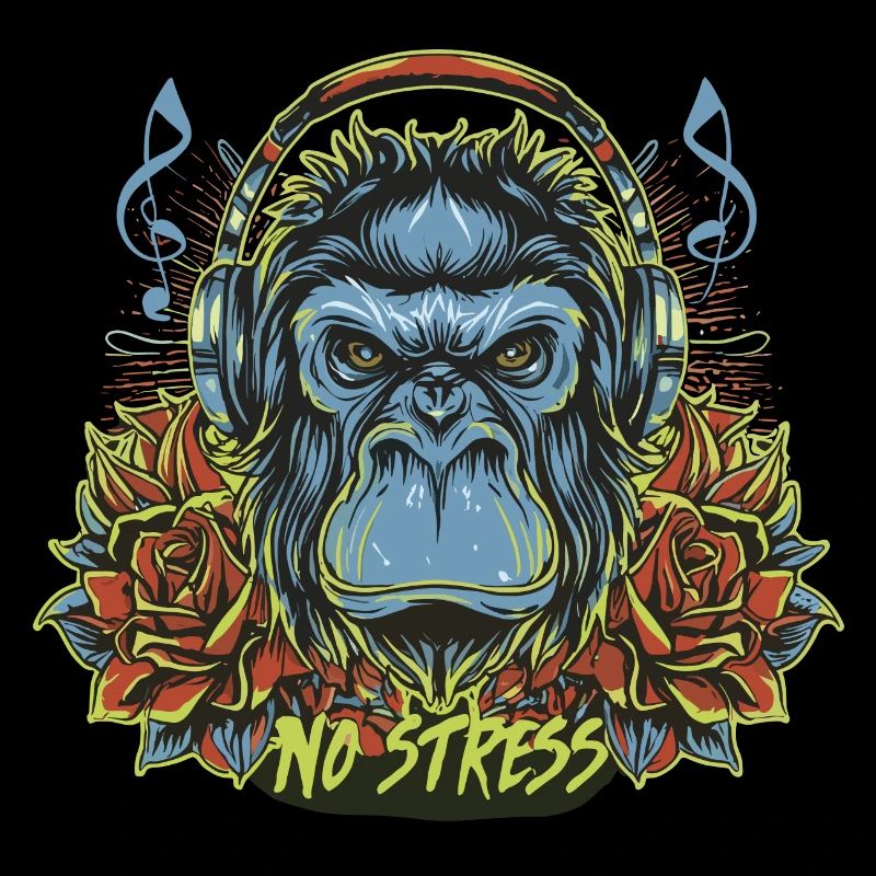 Gorilla mit Kopfhörer Lustiger Spruch NO STRESS