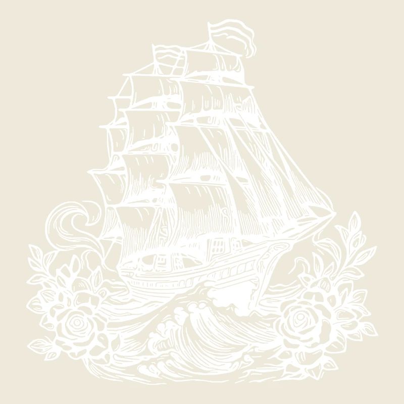 Old sailing ship with flowers, masts under sail